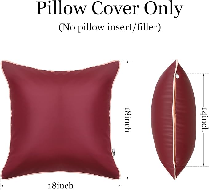 Set of 2 Silicone Leather Pillow Covers 18x18 Inch, Waterproof Soft Smooth Texture Modern Stylish Design for Home Decor Patio Sofa Tent Sunbrella Balcony, Burgundy