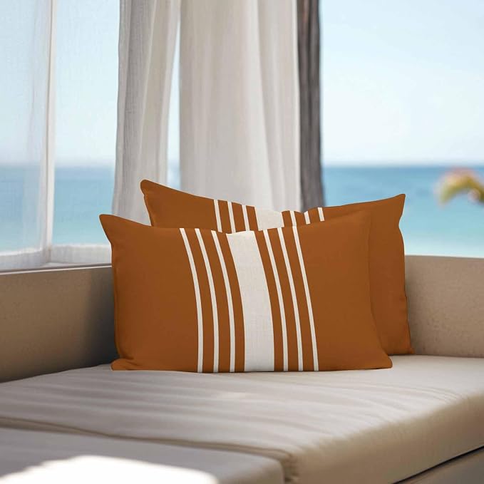 Vandarllin Outdoor Throw Pillows Covers 20x12 inch Set of 2 Waterproof Burnt Orange Vertical Stripes Decorative Zippered Cushion Covers for Patio Furniture, Classic Striped Linen Lumbar Pillowcases