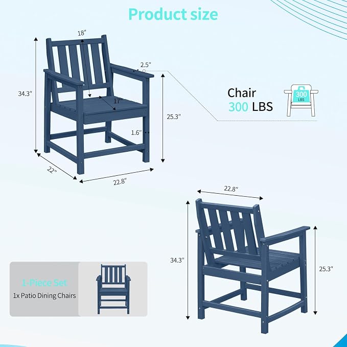 Outdoor Patio Chair, All-Weather HDPE Outdoor Furniture Chairs with Backrest and Armrest, 300 lbs Support Patio Dining Chair for Garden, Deck, Porch, Navy