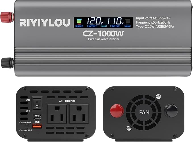 1000W Pure Sine Wave Inverter (2000W Peak), 12V/24V Auto-Detect, 50Hz/60Hz Switchable, LCD Display, Type-C Fast Charging, Silent Design, Overload & Overheat Protection for RV, Home