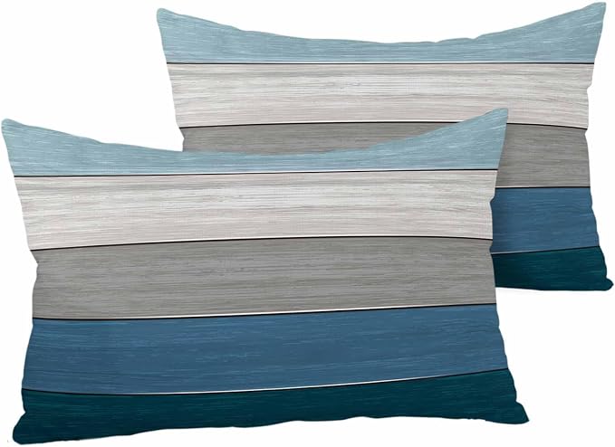 Outdoor Throw Pillow Covers 12X20 Set of 2 Waterproof Ombre Blue Gray Decorative Zippered Cushion Covers for Patio Furniture, Farmhouse Retro Rustic Barn Wood Texture Lumbar Pillowcases Ocean Hues