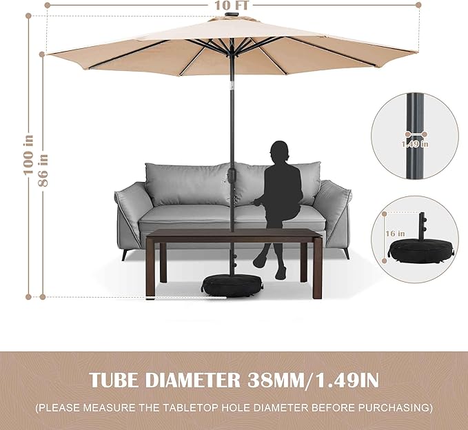 Sundale Outdoor Solar 88 LED 10 ft Patio Umbrella with Sand Bag Umbrella Base, Outdoor Umbrella with Tilt and Crank, Tan