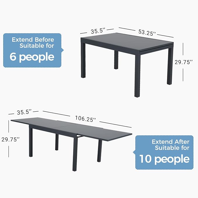 Grand patio 5-Piece Expandable Table Dining Set for 6 to 10, Aluminum Outdoor Dining Table with Glass Tabletop, Metal Woven Wicker Fixed Patio Chairs with Cushions for Yard, Poolside, Deck (Natural)