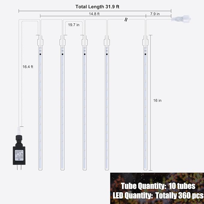 Brightown Christmas Lights Outdoor, 16 Inch 10 Tube 360 LED Icicle Lights | Connectable Meteor Shower Light Outdoor, Hanging Falling Rain Light for Tree Outside Holiday Xmas Decoration, White
