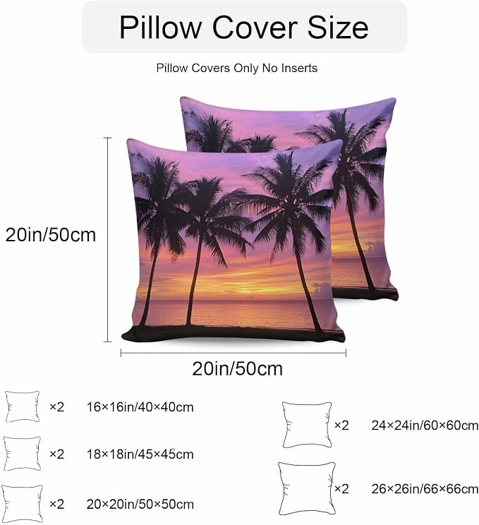 Ocean Sunset Waterproof Outdoor Pillow Covers Set of 2 Home Decor, Summer Seashore Palm Tree Gradient Sky Pillowcase Patio Pillow Covers for Couch Bench Furniture Garden 26x26in