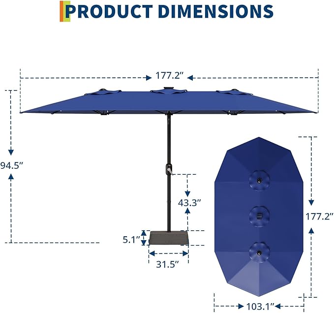 15FT Rectangular Patio Umbrella With Solar Lights & Base Included - Large Patio Umbrella With Crank Handle, UV Protection for Outdoor Market, Lawn, Backyard, Pool