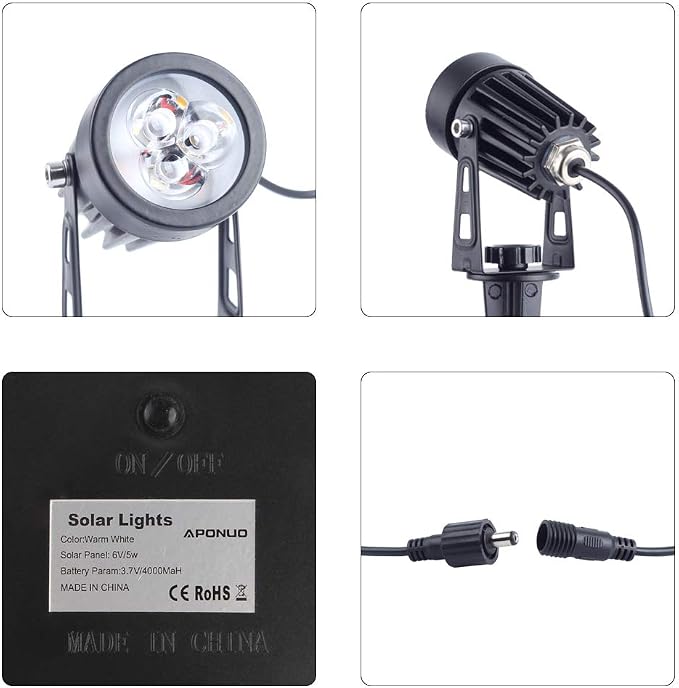 APONUO Solar Spotlights Landscape Lights Low Voltage Outdoor Solar Spotlight IP65 Waterproof 9.8ft Cable Auto On/Off with 4 Cool White for Outdoor Garden Yard Landscape Downlight (4-in-1)