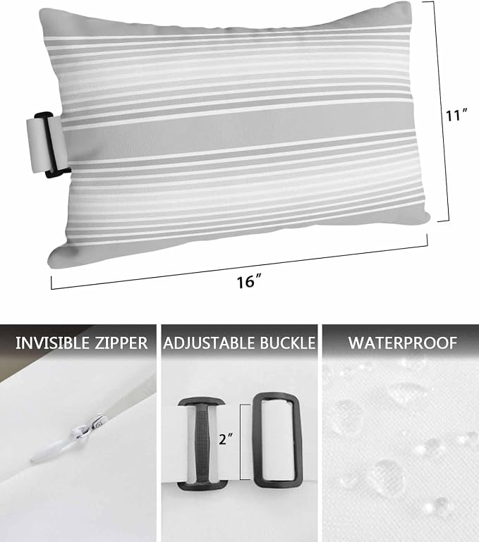 Pack of 4 Outdoor Lumbar Pillow Covers 11x16 Inch, Grey Striped Waterproof Throw Pillow Covers Set, Gray Ombre Farmhouse Stripes Indoor&Outdoor Decorative Cushion Cases for Patio Porch Car