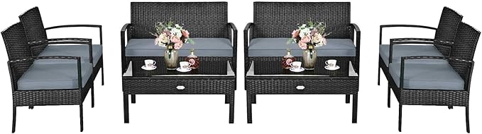 HAPPYGRILL 8 Pieces Patio Conversation Set Outdoor Rattan Wicker Sofa & Coffee Table Furniture Set for Patio Garden Poolside