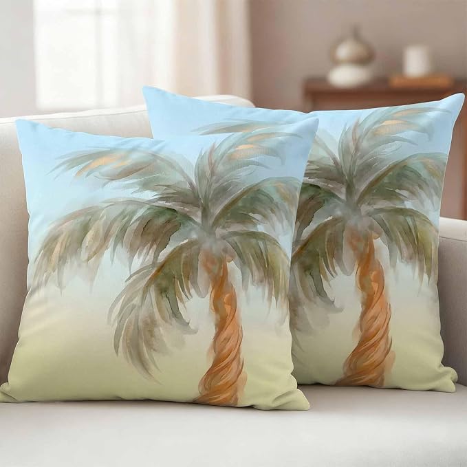 Yukro Summer Palm Tree Outdoor Waterproof Pillow Covers Pack of 2, Coastal Tropical Plant Watercolor Texture Throw Pillowcases Decorative Cushion Covers for Garden Patio Tent Sofa Couch, 20x20 inch