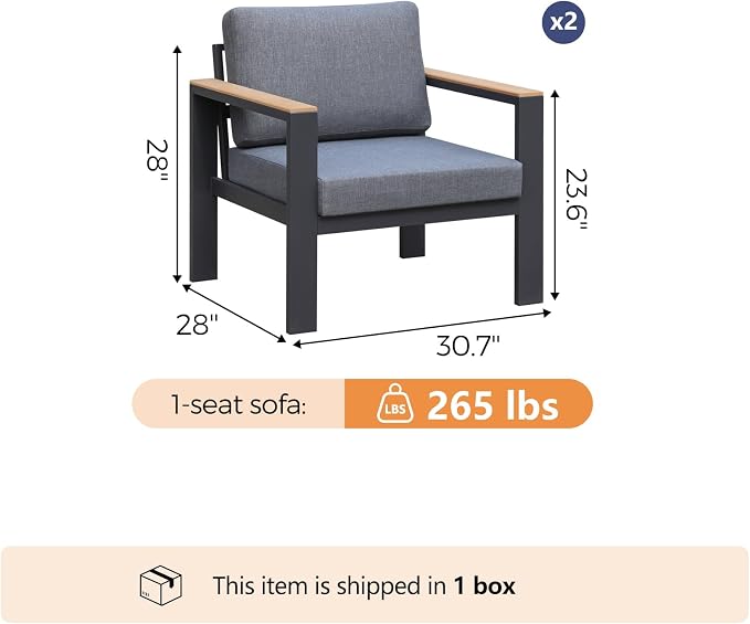 2 PCS Single Seat Aluminum Patio Chairs, Outdoor Furniture with 1.5mm Thick Powder-Coated Frame, Water Repellent Removable Cushions, Lightweight Single Chairs for Balcony Porch Backyard