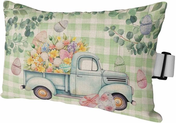 Chaise Lounge Head Resting Pillows,Easter Truck Pull Eggs Eucalyptus Leaf Green Plaid Outdoor Chaise Pillows,Waterproof Patio Furniture Pillows with Insert and Elastic Strap for Beach Chair