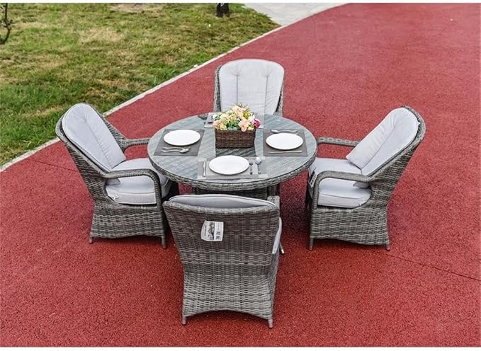Pemberly Row 5-Piece Round Aluminum Rattan Outdoor Dining Set, Gray, Tempered Glass Table, All-Weather Wicker, Soft Cushioned Chairs, Modern Patio Furniture for Backyard or Garden