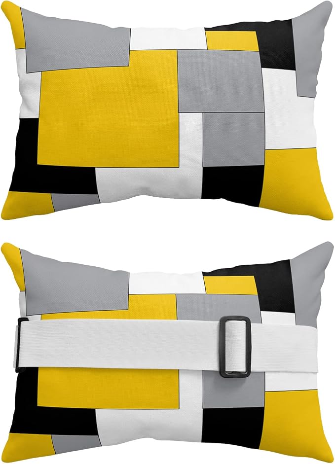 Outdoor Pillows Covers with Inserts Abstract Art Patchwork Black and Yellow Waterproof Recliner Pillow with Adjustable Strap Throw Pillows for Patio Furniture Pool Lounge Chair, 11x16 inch, 1PCS