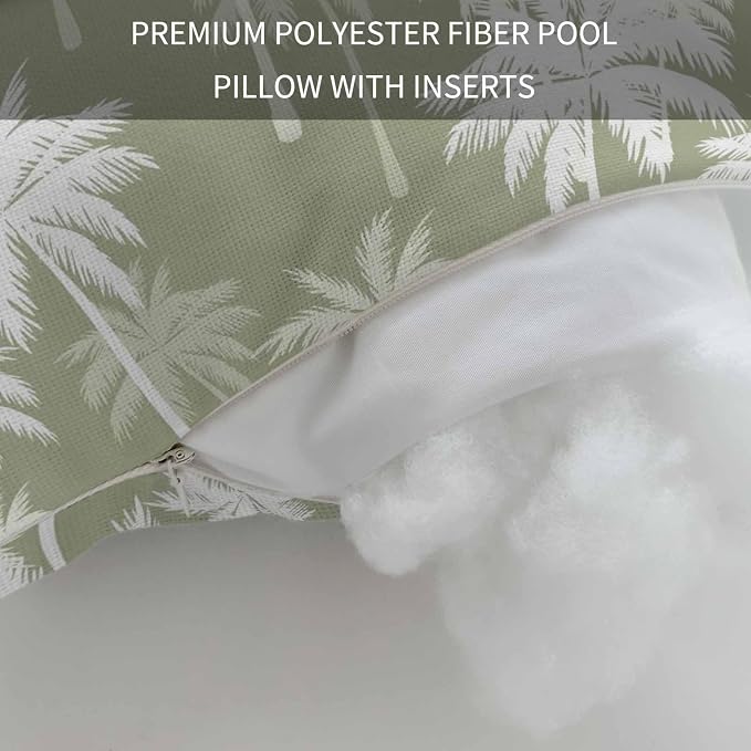 Tropical Palm Tree Outdoor Pillows for Chaise Lounge Chair Beach Headrest Pillow Set of 2 Waterproof Lumbar Pillows with Insert&Strap Sage Green Plants Coastal Leaf Beach Pool Pillow 11"x16"