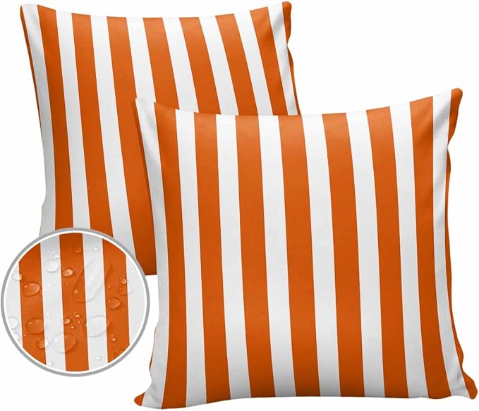 Outdoor Waterproof Throw Pillow Covers 24x24in, Orange Geometric Stripes Cushions for Garden Patio Furniture Chairs Set of 2, Abstract Fall Home Decor Couch Sofa Polyester Pillow Cases