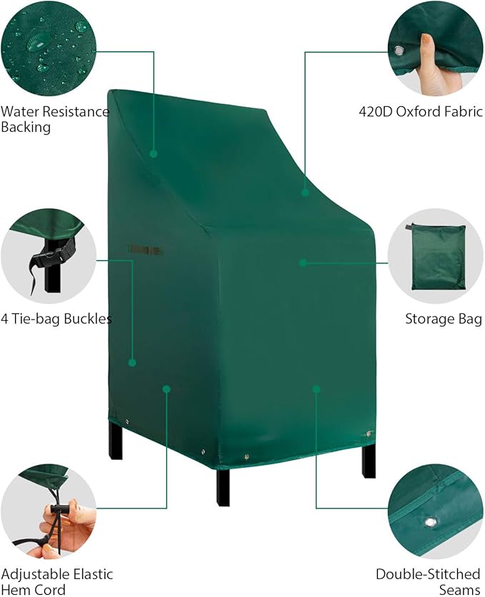 RosieLily High Back Patio Chair Covers Waterproof Heavy Duty Stackable Outdoor Bar Stool Cover Brown Patio Furniture Covers Outside Lounge Deep Seat Lawn Chair Cover, High Back, 1 Pack-Green