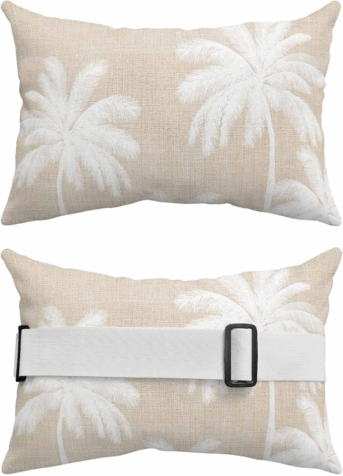 Pack of 2 Outdoor Lumbar Pillow Covers 11x16 Inch, Beige Palm Trees Waterproof Throw Pillow Covers Set, Farmhouse Tropical Summer Beach Indoor&Outdoor Decorative Cushion Cases for Patio Porch Car