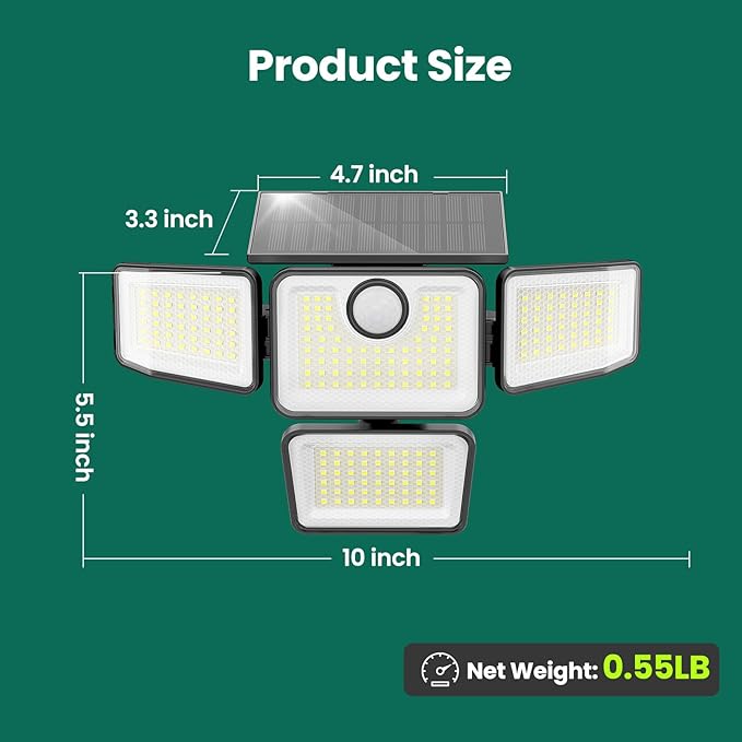 3000LM Solar Lights Outdoor, 4 Adjustable Heads Motion Sensor Security Light, 3 Modes, 6500K, IP65 Waterproof Solar Wall Flood Lights for Garden, Outside, Backyard, 3 Pack