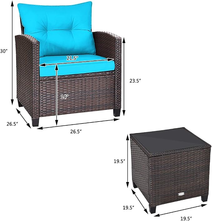 Modern Turquoise 3-Piece Wicker Patio Furniture Set with Water-Resistant Cushions & Tempered Glass Table