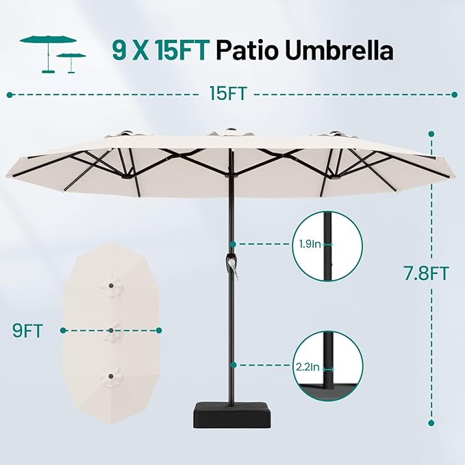 AreShark 15ft Patio Umbrella with Base, Double Sided Outdoor Umbrella with 12 Fiberglass Ribs, Large Outdoor Umbrella for Garden, Pool, Deck, Backyard & Market, Cream White