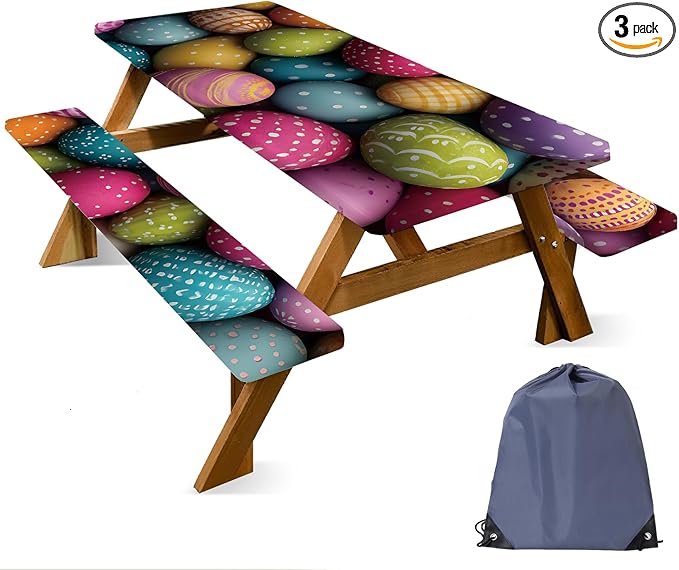 ANNA QUEEN Easter Holiday 6FT Picnic Table Cover with Bench Covers Set of 3 with Drawstring Bag, Colorful Easter Eggs 72"x30" Waterproof Fitted Picnic Tablecloth & Bench Covers for Outdoor Dining