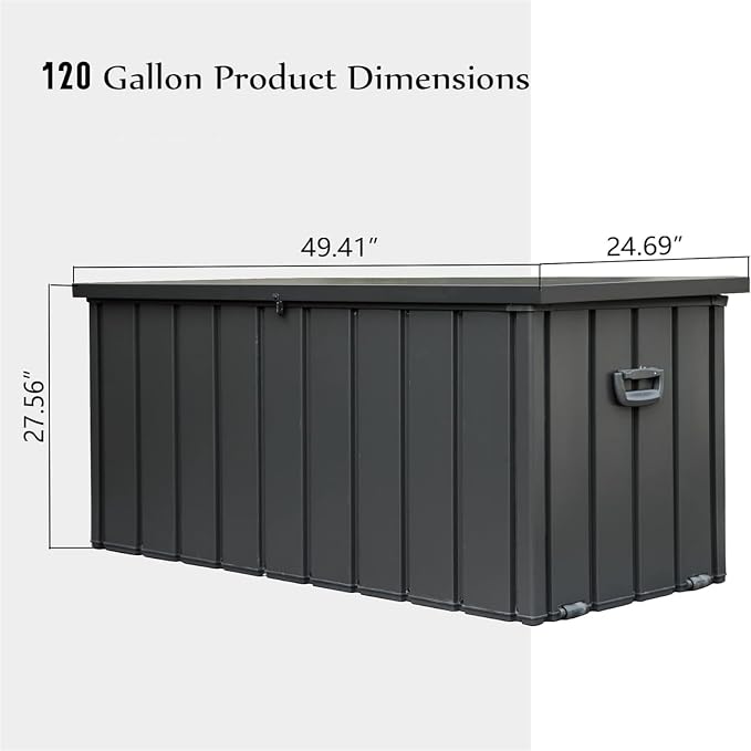 ChicFurnit Outdoor Storage Box, 120 Gallon Deck Box with Lockable Metal Lid & Portable Side Handles, Outdoor Storage Bin with Stable Support Rod, Soft Close Mechanism & Mobility Rollers, Dark Gray