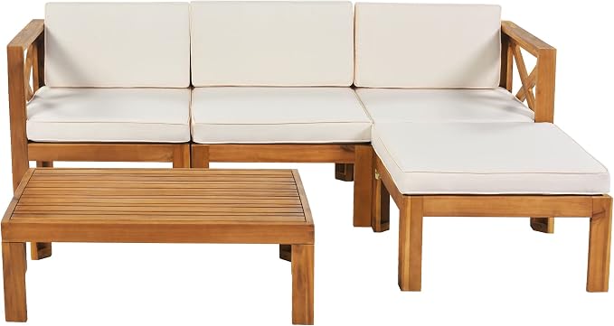 Acacia Wood 5-Piece Patio Sectional Sofa Set, All-Weather Outdoor Conversation Set, Corner Design Patio Set with Coffee Table and Updated Cushions for Backyard Porch Courtyard Poolside (Natural+Beige)