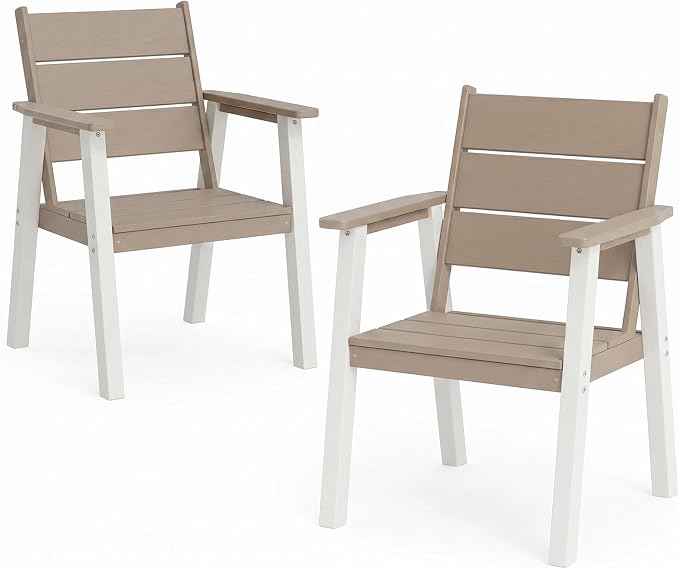 Outdoor Dining Chairs Set of 2,HDPE Patio Chairs with Wide Seat,Ergonomic Design Outdoor Furniture for Porch,Backyard,Deck,White Brown