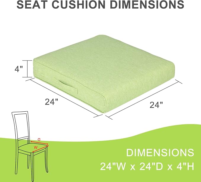 Aoodor Patio Chair Cushions Set of 2, 24 x 24 x 4 Inch Water Resistant Outdoor Seat Cushions with Handle and Ties, Square Corner Cushions for Patio Furniture Garden Lawn, Green