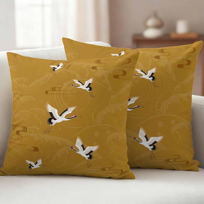 Japanese Style Outdoor Pillow Covers 18x18 Inch Throw Pillow Covers Set of 2 Waterproof Decorative Pillow Cases Vintage Art Cranes Ocean Wave Yellow Cushion Covers for Patio Furniture Garden Couch