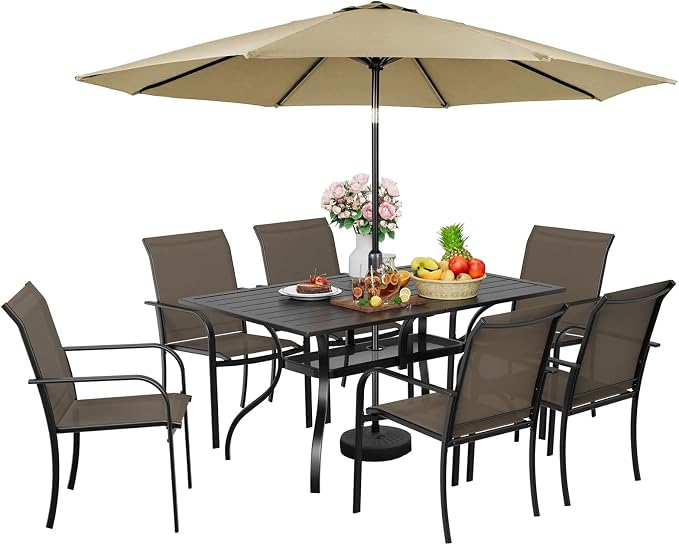Incbruce 8 Pieces Patio Dining Set with Brown Umbrella, Outdoor Dining Set of 6 Textilene Chairs and Rectangle Table with Umbrella Hole for Backyard, Garden, and Poolside (Brown)