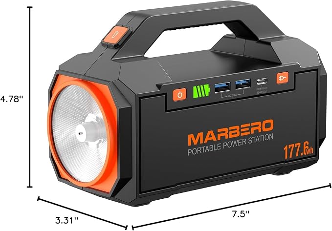 MARBERO Portable Power Station 177.6Wh Power Bank 150W Max Outdoor Camping Battery with LED Flashlight Fast Charger for Outdoor Adventure Hunting CPAP Home Backup Business Trips Emergencies