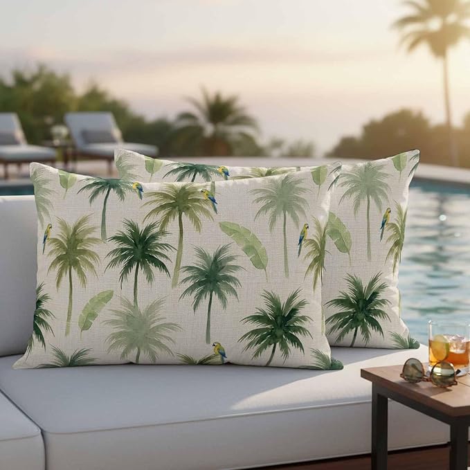Yukro Summer Palm Tree Parrot Outdoor Waterproof Pillow Covers Pack of 2, Tropical Green Leaf Bird Retro Throw Pillowcases Decorative Cushion Covers for Garden Patio Tent Sofa Couch, 20x12 inch