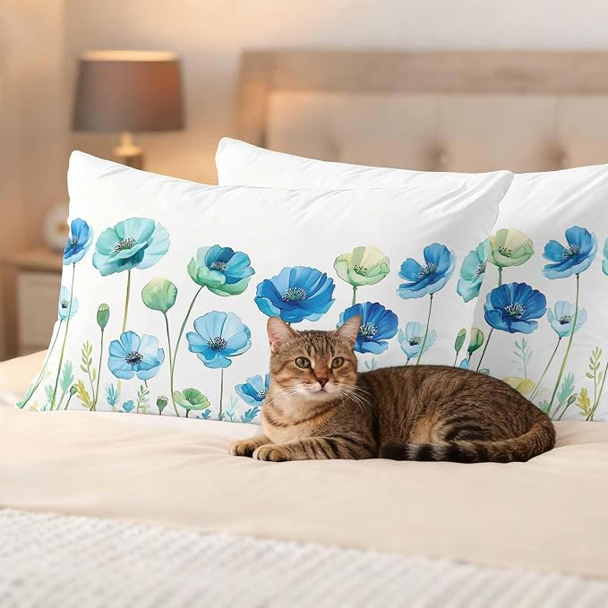 Spring Floral Outdoor Waterproof Throw Pillow Covers Set of 2, 20"x12", Watercolor Blue Poppy Flower Decorative Pillow Covers Outside Cushion Case for Patio Porch Garden