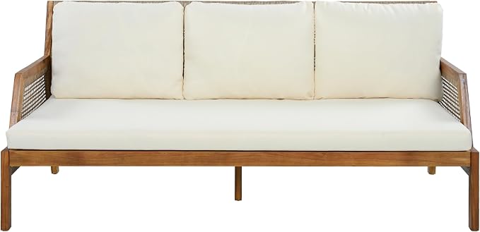 Christopher Knight Home Zura 4 Piece Patio Furniture Set with Removable Cushion, Outdoor Acacia Wood Conversation Set with Ottoman, Outdoor Sectional Sofa Set with Coffee Table, Teak+Cream
