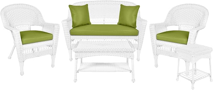 Jeco 5 Piece Resin Wicker Patio Conversation Set in White with Green Cushions