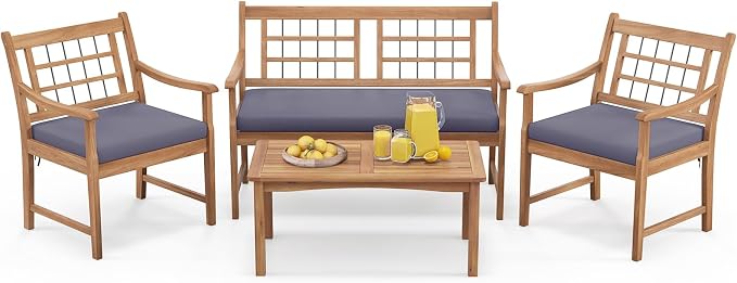 RELAX4LIFE Wood Patio Furniture Set - 4-Piece Outdoor Furniture w/Seat Cushions & Coffee Table, Loveseat Sofa Set for Balcony Porch Deck Poolside Backyard, Acacia Wood Conversation Set (Grey)