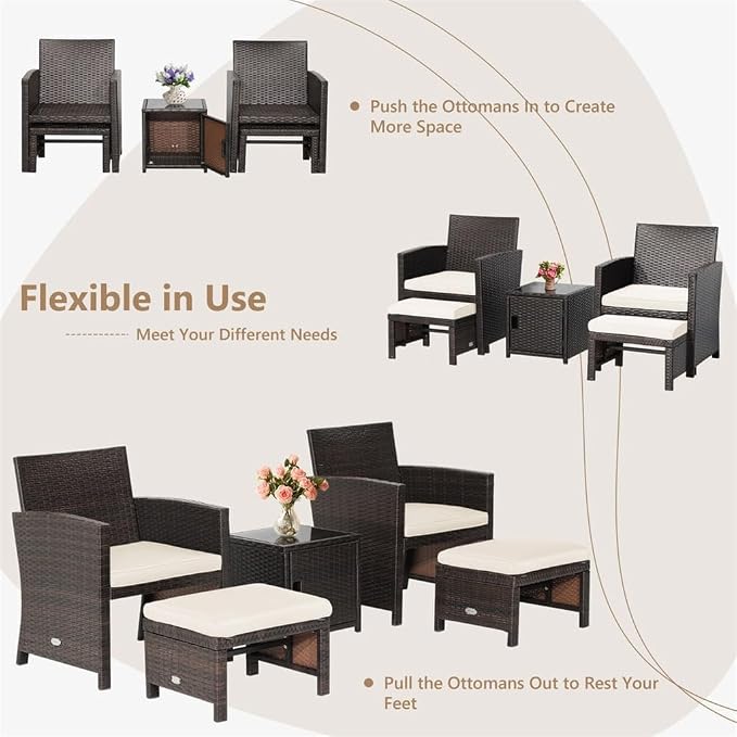 5PCS Patio Rattan Furniture Set Ottoman Cushioned W/Cover Space Saving Beige