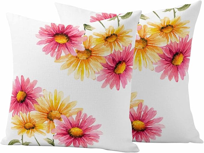 Yellow Pink Daisy Outdoor Pillow Covers 24"x24" Set of 2, Rustic Farmhouse Boho Wildflowers Waterproof Throw Pillow Covers for Patio Furniture, Decorative Cushion Covers for Porch