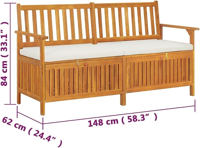 Patio Storage Bench with Cream White Cushion, Outdoor Wooden Deck Box, Solid Wood Patio Furniture for Outdoor Cushions, Pool Storage and Garden Tools, 58.3"x24.4"x33.1", -331
