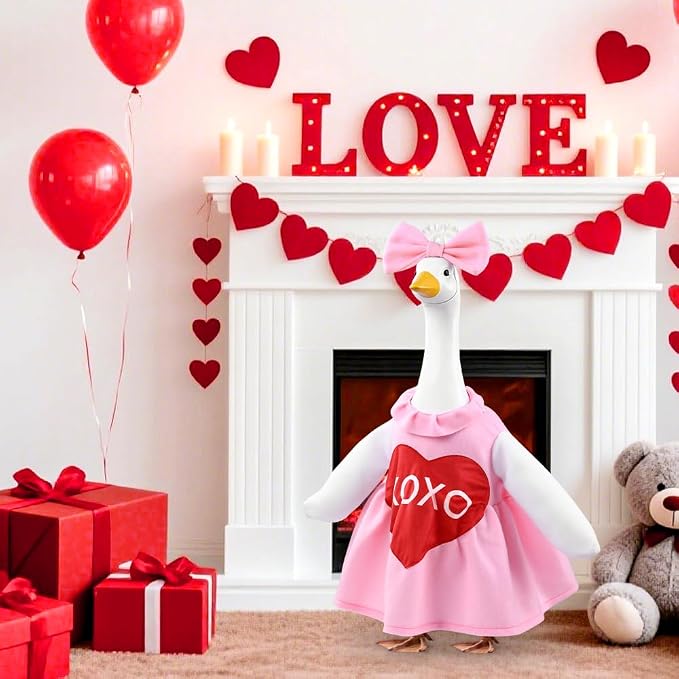 Valentine's Day Goose Outfit for 23" Porch Goose Holiday Pink Red Heart Cloths Costume Valentines Party Outdoor Garden Patio Yard Lawn Art Decoration