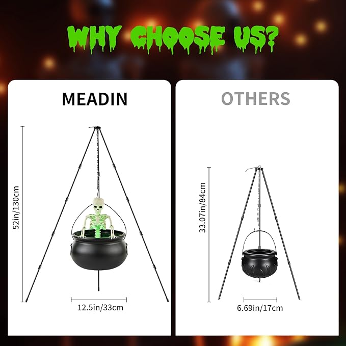 MEADIN Halloween Decorations Outdoor - Large Witches Cauldron on Tripod with Cauldron Diffuserr and Big Skeleton - Black Plastic Cauldron Halloween Decor for Outside Yard Lawn Home Porch Door