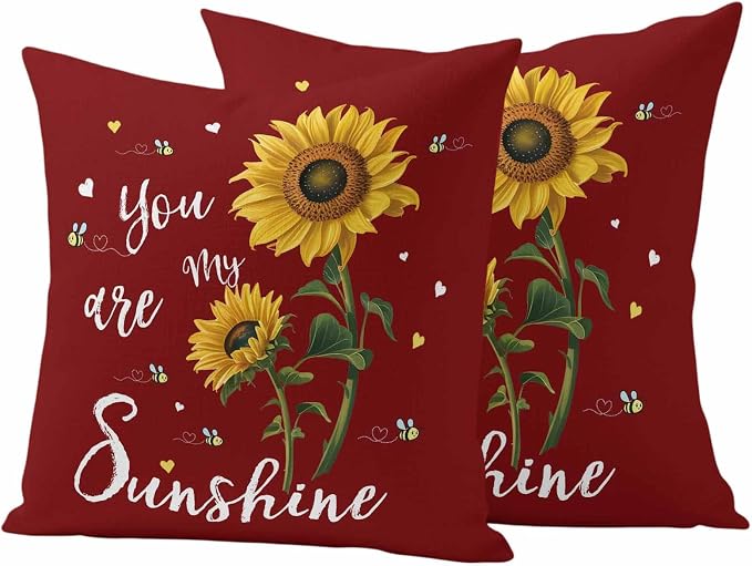 You Are My Sunshine Outdoor Pillow Covers Set of 2 Vintage Country Yellow Sunflower Floral Bees Heart Red Waterproof Throw Pillow Cover Decorative Cushion Cases for Patio Porch Garden 16X16 Inch