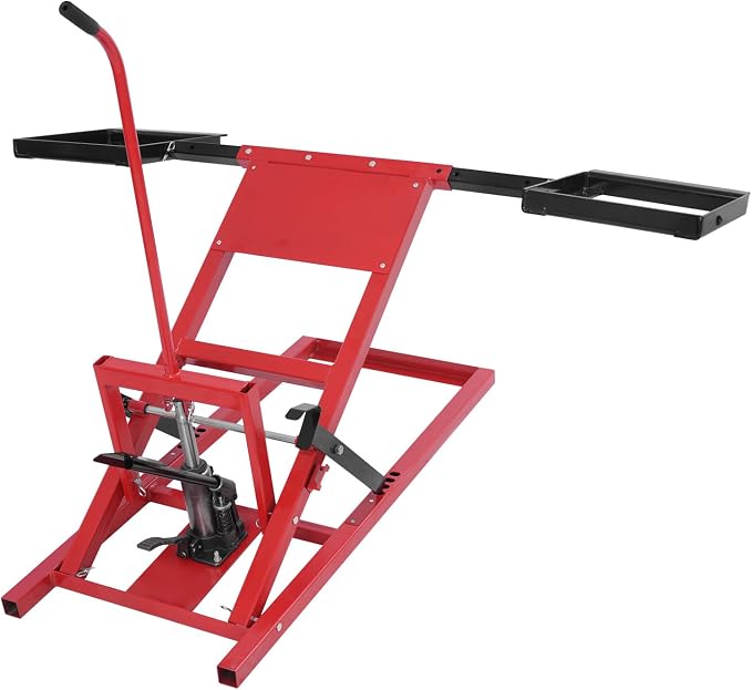 Lawn Mower Lift Jack for Zero Turn Mowers Riding Tractors 500lbs Capacity Hydraulic Lift Table for Maintenance Repair Adjustable Wheel Span, Easy Assembly, for Tractors, Lawnmowers, Atvs, Pushmowers