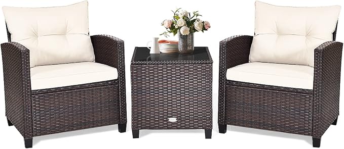 COSTWAY 3PCS Patio Furniture Set, PE Rattan Wicker Sofa w/Washable Cushion and Coffee Table, Tempered Glass Tabletop, Outdoor Conversation Set for Balcony, Porch, Yard, Backyard, Lawn, White