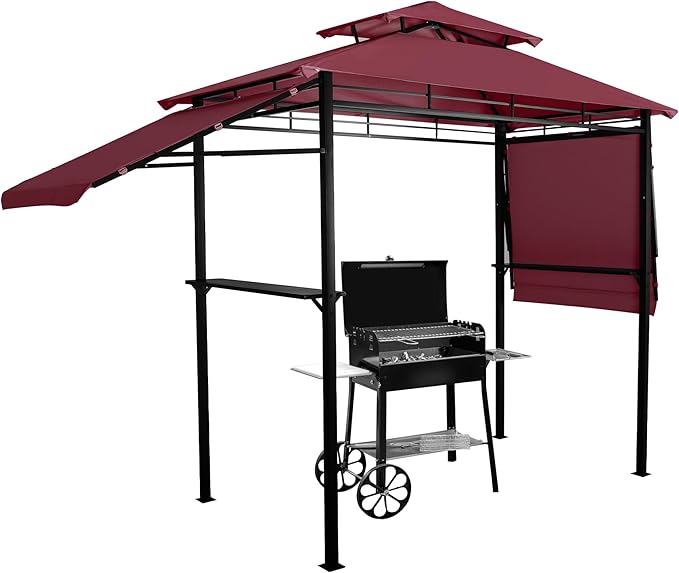 GARTOO 8'x5' Outdoor Grill Gazebo with 2 Side Awnings - Double Roof BBQ Gazebo Canopy with LED Lights and 2 Side Shelves, Patio BBQ Pergola Shelter for Garden, Porch and Backyard (Red)