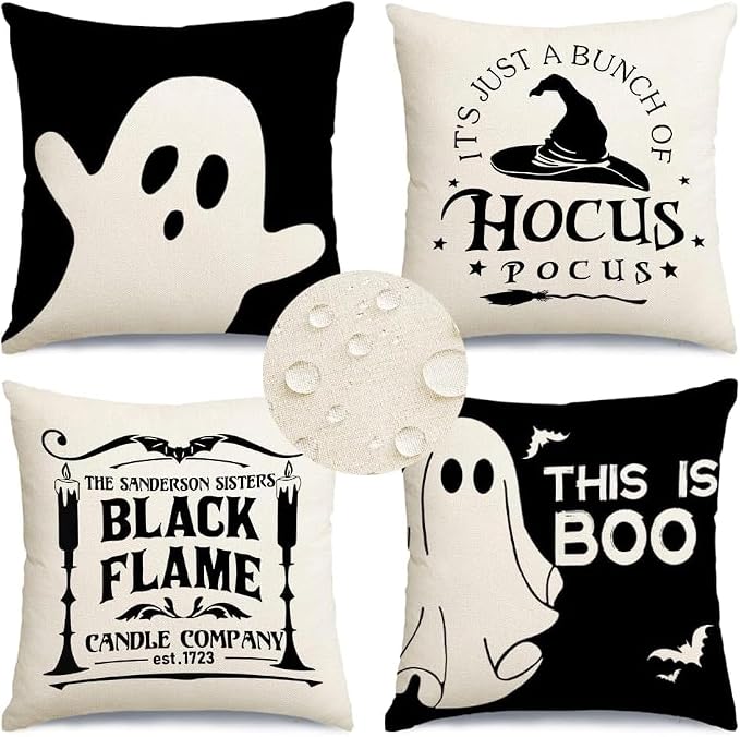RABUSOFA Halloween Pillow Covers 20x20 Inch Halloween Decorations Outdoor | Waterproof Set of 4,Spooky Ghost Bat,Hocus Pocus Quote Decor,Black and White,Supplies Accessories for Home Couch Party
