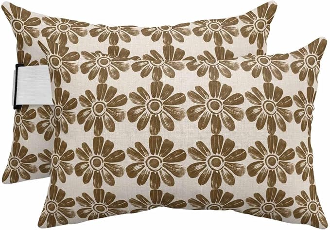 Pack of 2 Outdoor Lumbar Cushions with Inserts, Retro Brown Flower Linen Background Waterproof Fluffy Fade Body Pillows, Patio Furniture Pillow for Home Balcony Garden Decor 11x16IN