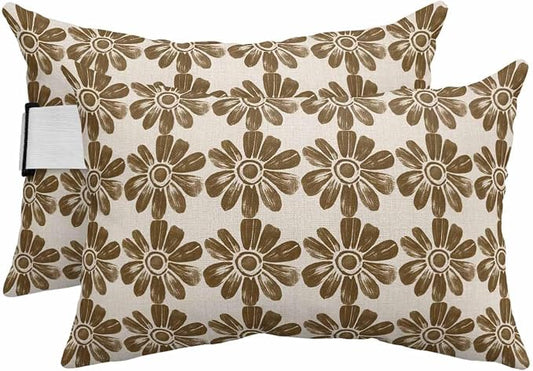 Pack of 2 Outdoor Lumbar Cushions with Inserts, Retro Brown Flower Linen Background Waterproof Fluffy Fade Body Pillows, Patio Furniture Pillow for Home Balcony Garden Decor 11x16IN